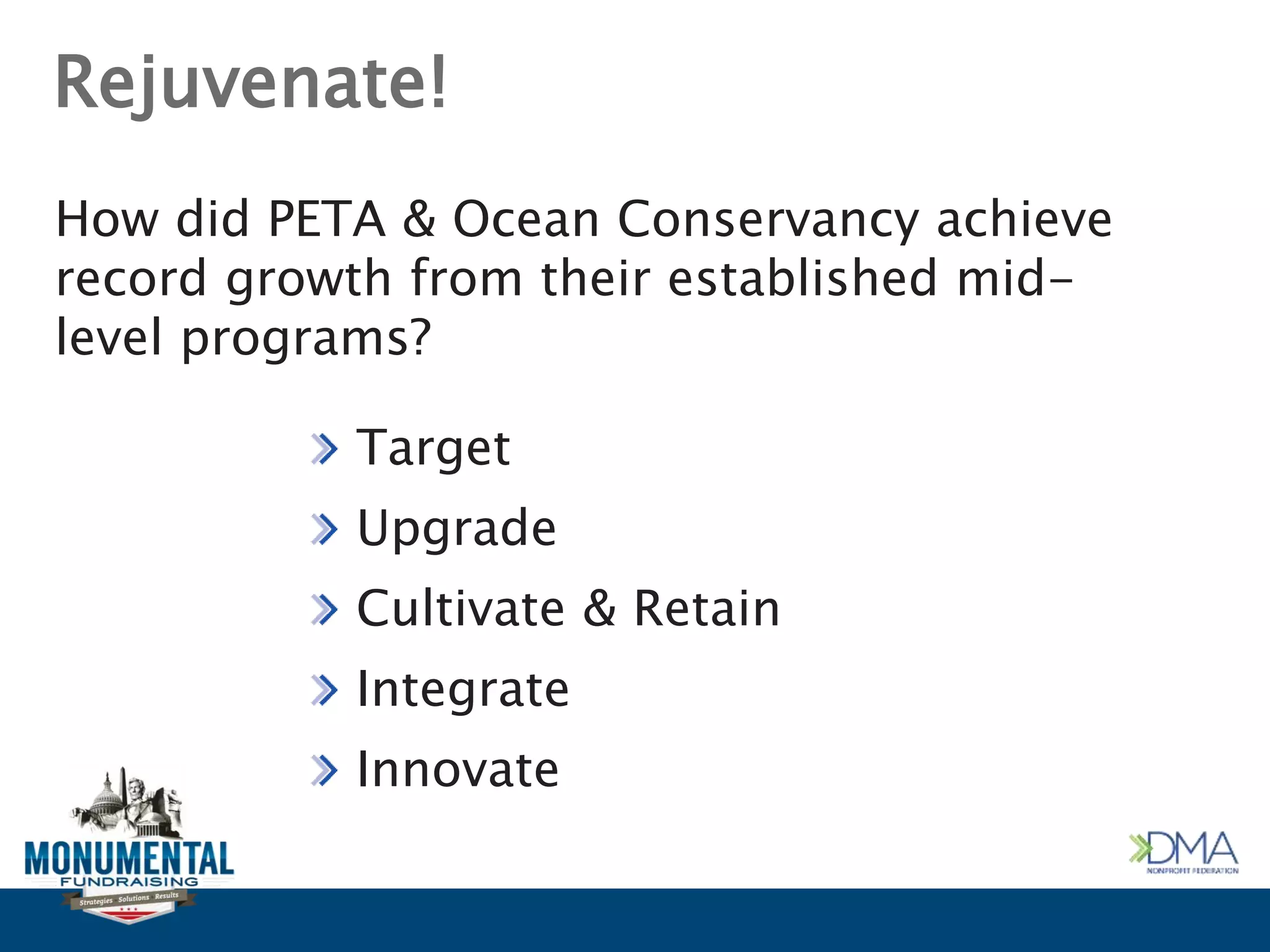Rejuvenate!
How did PETA & Ocean Conservancy achieve
record growth from their established mid-
level programs?
Target
Upgrade
Cultivate & Retain
Integrate
Innovate
 