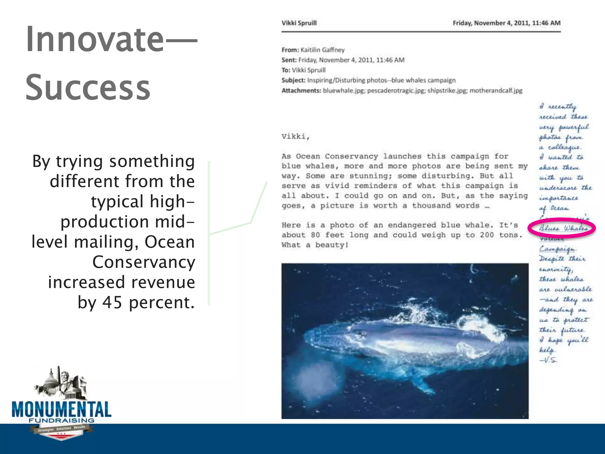 Innovate—
Success
By trying something
different from the
typical high-
production mid-
level mailing, Ocean
Conservancy
increased revenue
by 45 percent.
 