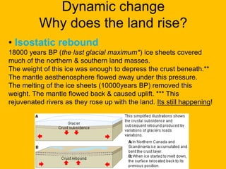 Dynamic change
Why does the land rise?
• Isostatic rebound
18000 years BP (the last glacial maximum*) ice sheets covered
much of the northern & southern land masses.
The weight of this ice was enough to depress the crust beneath.**
The mantle aesthenosphere flowed away under this pressure.
The melting of the ice sheets (10000years BP) removed this
weight. The mantle flowed back & caused uplift. *** This
rejuvenated rivers as they rose up with the land. Its still happening!

 