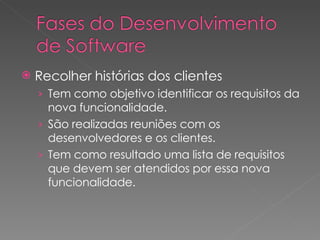 Recolher histórias dos clientes Tem como objetivo identificar os requisitos da nova funcionalidade. São realizadas reuniões com os desenvolvedores e os clientes. Tem como resultado uma lista de requisitos que devem ser atendidos por essa nova funcionalidade. 