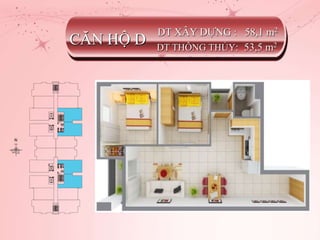 CĂN HỘ D
DT XÂY DỰNG : 58,1 m2
DT THÔNG THỦY: 53,5 m2
 