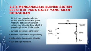 2.3.5 MENGANALISIS ELEMEN SISTEM
ELEKTRIK PADA GAJET YANG AKAN
DIHASILKAN
Aktiviti menganalisis elemen
sistem elektrik dilakukan pada
medium, beban dan kawalan
dalam litar elektrik. Litar elektrik
yang lengkap terdiri daripada:
 sumber elektrik seperti bateri
 medium iaitu dawai penyambung
 beban iaitu komponen elektrik
 suis sebagai kawalan.
 