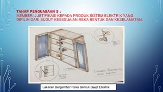 TAHAP PENGUASAAN 5 :
MEMBERI JUSTIFIKASI KEPADA PRODUK SISTEM ELEKTRIK YANG
DIPILIH DARI SUDUT KESESUAIAN REKA BENTUK DAN KESELAMATAN.
Lakaran Bergambar Reka Bentuk Gajet Elektrik
 