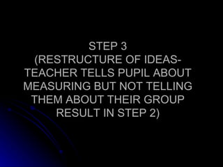STEP 3 (RESTRUCTURE OF IDEAS- TEACHER TELLS PUPIL ABOUT MEASURING BUT NOT TELLING THEM ABOUT THEIR GROUP RESULT IN STEP 2) 