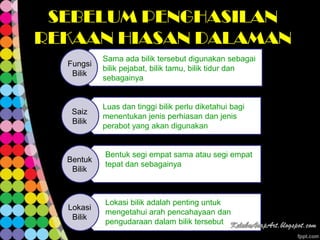 SEBELUM PENGHASILAN
REKAAN HIASAN DALAMAN
           Sama ada bilik tersebut digunakan sebagai
  Fungsi
           bilik pejabat, bilik tamu, bilik tidur dan
   Bilik
           sebagainya


           Luas dan tinggi bilik perlu diketahui bagi
   Saiz
           menentukan jenis perhiasan dan jenis
   Bilik
           perabot yang akan digunakan


           Bentuk segi empat sama atau segi empat
  Bentuk
           tepat dan sebagainya
   Bilik



           Lokasi bilik adalah penting untuk
  Lokasi
           mengetahui arah pencahayaan dan
   Bilik
           pengudaraan dalam bilik tersebut
 