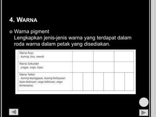 4. WARNA
 Warna pigment
Lengkapkan jenis-jenis warna yang terdapat dalam
roda warna dalam petak yang disediakan.
 
