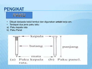 PENGIKAT

 •    Dibuat daripada keluli lembut dan digunakan untuk kerja am.
 •    Terdapat dua jenis paku iaitu:
 a)   Paku kepala rata
 b)   Paku Panel
 