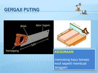 GERGAJI PUTING




                 KEGUNAAN

                 memotong kayu bersaiz
                 kecil seperti membuat
                 tanggam
 