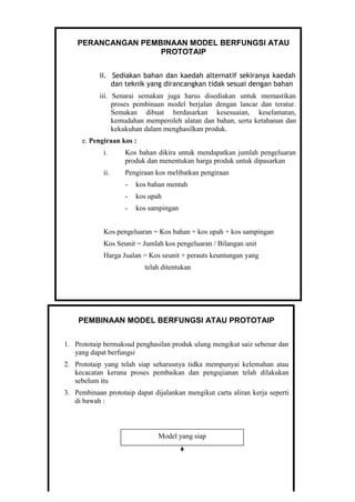 PERANCANGAN PEMBINAAN MODEL BERFUNGSI ATAU
PROTOTAIP
ii. Sediakan bahan dan kaedah alternatif sekiranya kaedah
dan teknik yang dirancangkan tidak sesuai dengan bahan
iii. Senarai semakan juga harus disediakan untuk memastikan
proses pembinaan model berjalan dengan lancar dan teratur.
Semakan dibuat berdasarkan kesesuaian, keselamatan,
kemudahan memperoleh alatan dan bahan, serta ketahanan dan
kekukuhan dalam menghasilkan produk.
e. Pengiraan kos :
i. Kos bahan dikira untuk mendapatkan jumlah pengeluaran
produk dan menentukan harga produk untuk dipasarkan
ii. Pengiraan kos melibatkan pengiraan
- kos bahan mentah
- kos upah
- kos sampingan
Kos pengeluaran = Kos bahan + kos upah + kos sampingan
Kos Seunit = Jumlah kos pengeluaran / Bilangan unit
Harga Jualan = Kos seunit + perauts keuntungan yang
telah ditentukan
PEMBINAAN MODEL BERFUNGSI ATAU PROTOTAIP
1. Prototaip bermaksud penghasilan produk ulung mengikut saiz sebenar dan
yang dapat berfungsi
2. Prototaip yang telah siap seharusnya tidka mempunyai kelemahan atau
kecacatan kerana proses pembaikan dan pengujianan telah dilakukan
sebelum itu
3. Pembinaan prototaip dapat dijalankan mengikut carta aliran kerja seperti
di bawah :
Model yang siap
 