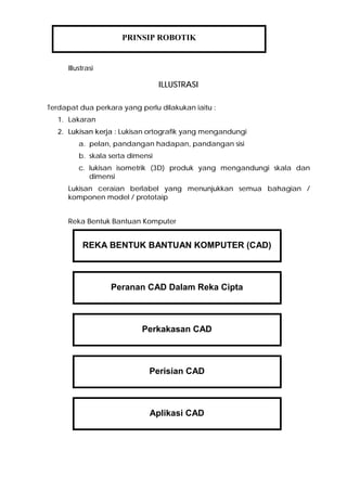 Illustrasi
ILLUSTRASI
Terdapat dua perkara yang perlu dilakukan iaitu :
1. Lakaran
2. Lukisan kerja : Lukisan ortografik yang mengandungi
a. pelan, pandangan hadapan, pandangan sisi
b. skala serta dimensi
c. lukisan isometrik (3D) produk yang mengandungi skala dan
dimensi
Lukisan ceraian berlabel yang menunjukkan semua bahagian /
komponen model / prototaip
Reka Bentuk Bantuan Komputer
REKA BENTUK BANTUAN KOMPUTER (CAD)
Peranan CAD Dalam Reka Cipta
Aplikasi CAD
Perisian CAD
Perkakasan CAD
PRINSIP ROBOTIK
 