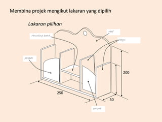 Membina projek mengikut lakaran yang dipilih
Lakaran pilihan
Mdf
perspek
Mounting board
kayu
perspek
200
50
250
 