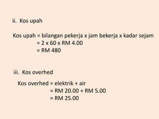 ii. Kos upah
Kos upah = bilangan pekerja x jam bekerja x kadar sejam
= 2 x 60 x RM 4.00
= RM 480
iii. Kos overhed
Kos overhed = elektrik + air
= RM 20.00 + RM 5.00
= RM 25.00
 