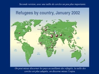 Seconde version, avec une taille de cercles un peu plus importante.

On peut mieux discerner les pays accueillants des réfugiés, la taille des
cercles est plus adaptée, on discerne mieux l’enjeu.

 