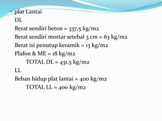  plat Lantai
DL
Berat sendiri beton = 337,5 kg/m2
Berat sendiri mortar setebal 3 cm = 63 kg/m2
Berat isi penutup keramik = 13 kg/m2
Plafon & ME = 18 kg/m2
TOTAL DL = 431,5 kg/m2
LL
Beban hidup plat lantai = 400 kg/m2
TOTAL LL = 400 kg/m2
 
