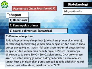 Tahapan
Bioteknologi
Rekayasa Genetika
2) Penempelan primer
Pada tahap penempelan primer (annealing), primer akan menuju
daerah yang spesifik yang komplemen dengan urutan primer. Pada
proses annealing ini, ikatan hidrogen akan terbentuk antara primer
dengan urutan komplemen pada template. Proses ini biasanya
dilakukan pada suhu 50 oC – 60 oC. Selanjutnya, DNA polymerase
akan berikatan sehingga ikatan hidrogen tersebut akan menjadi
sangat kuat dan tidak akan putus kembali apabila dilakukan reaksi
polimerisasi selanjutnya, misalnya pada 72 oC
Polymerase Chain Reaction (PCR)
2) Penempelan primer
1) Denaturasi
3) Reaksi polimerisasi (extension)
 