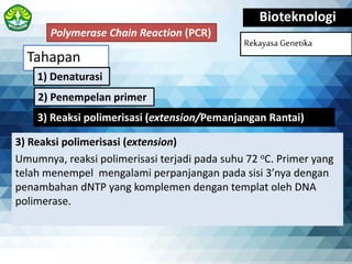 Tahapan
Bioteknologi
Rekayasa Genetika
3) Reaksi polimerisasi (extension)
Umumnya, reaksi polimerisasi terjadi pada suhu 72 oC. Primer yang
telah menempel mengalami perpanjangan pada sisi 3’nya dengan
penambahan dNTP yang komplemen dengan templat oleh DNA
polimerase.
Polymerase Chain Reaction (PCR)
2) Penempelan primer
1) Denaturasi
3) Reaksi polimerisasi (extension/Pemanjangan Rantai)
 