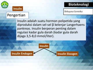 Pengertian
Bioteknologi
Rekayasa Genetika
Insulin adalah suatu hormon polipetida yang
diproduksi dalam sel-sel β kelenjar Langerhaens
pankreas. Insulin berperan penting dalam
regulasi kadar gula darah (kadar gula darah
dijaga 3,5-8,0 mmol/liter).
Insulin
Insulin
Insulin Endogen Insulin Eksogen
 