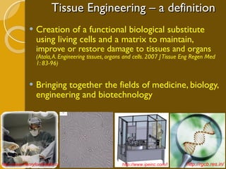 Tissue Engineering – a definition Creation of a functional biological substitute using living cells and a matrix to maintain,  improve or restore damage to tissues and organs  (Atala, A. Engineering tissues, organs and cells. 2007 J Tissue Eng Regen Med 1: 83-96) Bringing together the fields of medicine, biology, engineering and biotechnology http://www.henryfordhealth.org/ http://www.ipeinc.com/l http://rgcb.res.in/ 