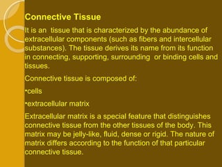Connective Tissue It is an  tissue that is characterized by the abundance of extracellular components (such as fibers and intercellular substances).  The tissue derives its name from its function in connecting, supporting, surrounding  or binding cells and tissues.  Connective tissue is composed of:  cells extracellular matrix Extracellular matrix is a special feature that distinguishes connective tissue from the other tissues of the body. This matrix may be jelly-like, fluid, dense or rigid. The nature of matrix differs according to the function of that particular connective tissue. 