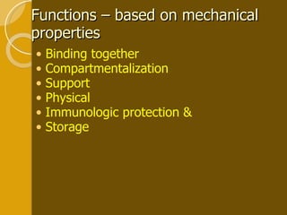 Functions – based on mechanical properties  Binding together Compartmentalization Support Physical  Immunologic protection & Storage 
