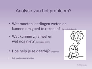 Analyse van het probleem?Wat moeten leerlingen weten en kunnen om goed te rekenen?   Benodigde kennisWat kunnen zij al wel en 		           wat nog niet? Aanwezige kennisHoe help je ze daarbij? OnderwijsOok van toepassing bij taalProbleemanalyse