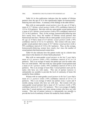 REKERSSTTHOMASLASREVIEW.DOC                                                  7/5/07 11:48 AM




2006]                         PROHIBITING CHILD PLACEMENT WITH HOMOSEXUALS            345


     Table 8.4 in this publication indicates that the number of lifetime
partners since the age of 18 is also significantly higher for homosexually-
behaving men and women. A summary of the findings in the table follows:
     Men with no same-gender sexual partners since the age of 18 had a
mean of 15.7 lifetime sexual partners (with a 95% confidence interval of
12.9 to 18.4 partners). But men with any same-gender sexual partners had
a mean of 44.3 lifetime sexual partners (with a 95% confidence interval of
22.2 to 66.5 partners). Thus, on the average, homosexually-behaving men
have nearly three times the number of lifetime sexual partners that
heterosexual men have. Women with no same-gender sexual partners since
the age of 18 had a mean of 4.9 lifetime sexual partners (with a 95%
confidence interval of 4.4 to 5.5 partners). But women with any same-
gender sexual partners had a mean of 18.7 lifetime sexual partners (with a
95% confidence interval of 13.0 to 26.3 partners). Thus, on the average,
homosexually-behaving women have nearly four times the number of
sexual partners that heterosexual women have.
     Table 8.4 also indicates how this pattern works out in a shorter time
span closer to the duration of a foster family placement. 85
     Men with no same-gender sexual partners in the last 5 years had a
mean of 4.8 partners (with a 95% confidence interval of 4.2 to 5.4
partners). This is an average of nearly one partner per year for males who
have sex with females. But men with any same-gender sexual partners had
a mean of 16.7 partners (with a 95% confidence interval of 9.9 to 23.4
partners). This is an average of more than 3 sexual partners each year by
males who have sex with males. This rate of partner turnover is
substantially too unstable to provide the level of continuity of home life
needed by foster children.
     Women with no same-gender sexual partners in the last 5 years had a
mean of 2.2 partners (with a 95% confidence interval of 2.0 to 2.4
partners). This is an average of about one partner every 2 years and 4
months among women who have sex with men. But women with any
same-gender sexual partners had a mean of 10.1 partners (with a 95%
confidence interval of 1.0 to 19.2 partners). This is an average of slightly
more than 2 sexual partners each year among women who have sex with
women. This rate of partner turnover is substantially too unstable to
provide the level of continuity of home life needed by foster children. 86



     85. Id. at 315.
     86. Id.
 