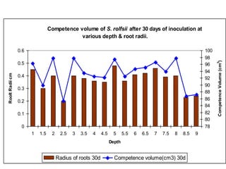 Fig. 9b: Competence volume of S. rolfsii after 30 days of inoculation at
                                            various depth & root radii.

                 0.6                                                                                              100
                                                                                                                  98




                                                                                                                        Competence Volume (cm3)
                 0.5                                                                                              96
                                                                                                                  94
Roolt Radii cm




                 0.4                                                                                              92
                                                                                                                  90
                 0.3
                                                                                                                  88
                 0.2                                                                                              86
                                                                                                                  84
                 0.1                                                                                              82
                                                                                                                  80
                  0                                                                                               78
                        1   1.5   2    2.5   3   3.5   4    4.5    5      5.5   6   6.5   7   7.5   8   8.5   9
                                                                  Depth


                                      Radius of roots 30d           Competence volume(cm3) 30d
 
