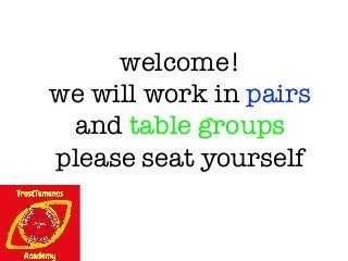 welcome!
we will work in pairs
and table groups
please seat yourself
 