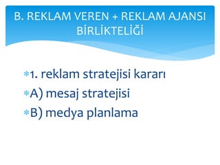 B. REKLAM VEREN + REKLAM AJANSI 
BİRLİKTELİĞİ 
1. reklam stratejisi kararı 
A) mesaj stratejisi 
B) medya planlama 
 