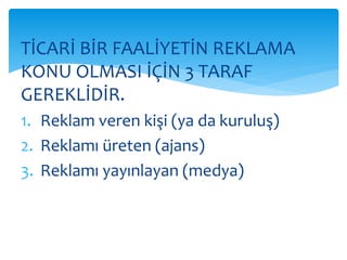TİCARİ BİR FAALİYETİN REKLAMA 
KONU OLMASI İÇİN 3 TARAF 
GEREKLİDİR. 
1. Reklam veren kişi (ya da kuruluş) 
2. Reklamı üreten (ajans) 
3. Reklamı yayınlayan (medya) 
 