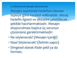  3. Gönderilecek Mesajın Düzenlemesi 
 Mesajın seçiminde hedeften istenen 
tepkiye göre hareket edilmelidir. Mesaj 
hedefin ilgisini ve dikkatini çekebilecek 
şekilde hazırlanmaktadır. Mesajın 
oluşturulması başlıca üç sorunun 
çözümünü gerektirmektedir: 
 Ne söylenecek? (Mesajın içeriği) 
 Nasıl Söylenecek? (İletinin yapısı) 
 Simgesel olarak ifade şekli ya da 
formatı. 
 