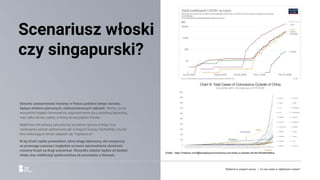 Obecnie zaobserwować możemy w Polsce podobne tempo wzrostu,
będące efektem pierwszych, niekontrolowanych zakażeń. Wiemy, że we
wszystkich krajach koronawirus rozprzestrzenia się z podobną dynamiką,
więc tylko od nas zależy, w którą stronę pójdzie Polska.
Najbliższe dni pokażą, jak potoczą się dalsze sprawy w kraju. Czy
zanotujemy wzrost zachorowań jak w krajach Europy Zachodniej, czy też
linia wskazująca wzrost zakażeń się “wypłaszczy”.
W tej chwili ciężko przewidzieć, którą drogę obierzemy, ale zważywszy
na przewagę czasową i względnie wczesne wprowadzenie obostrzeń,
możemy liczyć na drugi scenariusz. Wszystko zależeć będzie od działań
władz oraz mobilizacji społeczeństwa do pozostania w domach.
Scenariusz włoski
czy singapurski?
Źródło: https://medium.com/@tomaspueyo/coronavirus-act-today-or-people-will-die-f4d3d9cd99ca
Reklama w czasach zarazy. | Co nas czeka w najbliższym czasie?
 