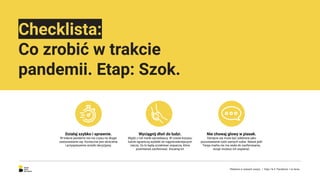 Checklista:
Co zrobić w trakcie
pandemii. Etap: Szok.
Reklama w czasach zarazy. | Etap I & II: Pandemia. I co teraz.
Wyciągnij dłoń do ludzi.
Wyjdź z roli marki-sprzedawcy. W czasie kryzysu
ludzie ograniczą wydatki do najpotrzebniejszych
rzeczy. Za to będą oczekiwać wsparcia, które
powinieneś zaoferować. Docenią to!
Nie chowaj głowy w piasek.
Odcięcie się może być odebrane jako
pozostawienie ludzi samych sobie. Nawet jeśli
Twoja marka nie ma wiele do zaoferowania,
wciąż możesz ich wspierać.
Działaj szybko i sprawnie.
W trakcie pandemii nie ma czasu na długie
zastanawianie się. Konieczne jest skrócenie
i przyspieszenie ścieżki decyzyjnej.
 