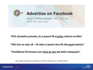“47% užívateľov priznáva, že si pozerá FB aj počas cvičenia vo fitku”
“34% žien vo veku 18 – 24 rokov si pozrie ráno FB ešte pred toaletou”
zdroj: štúdie zverejnené na dailymail.co.uk 3/2013, theweek.com, comScore 6/2012
“Fanúšikovia FB Amazon.com minú 2x viac ako bežní nakupujúci”
 