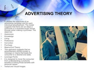 ADVERTISING THEORY
•   It clarifies the objectives of an
    advertising campaign and for each
    individual advertisement. The model
    suggests that there are six steps a
    consumer or a business buyer moves
    through when making a purchase. The
    steps are:
•   Awareness
•   Knowledge
•   Liking
•   Preference
•   Conviction
•   Purchase
•   Means-End Theory
•   This approach suggests that an
    advertisement should contain a
    message or means that leads the
    consumer to a desired end state.
•   Leverage Points
•   It is designed to move the consumer
    from understanding a product's
    benefits to linking those benefits with
    personal values.
•   Verbal and Visual Images
 