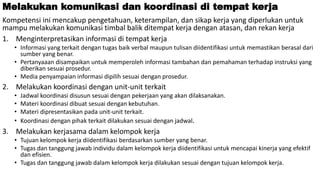 Melakukan komunikasi dan koordinasi di tempat kerja
Kompetensi ini mencakup pengetahuan, keterampilan, dan sikap kerja yang diperlukan untuk
mampu melakukan komunikasi timbal balik ditempat kerja dengan atasan, dan rekan kerja
1. Menginterpretasikan informasi di tempat kerja
• Informasi yang terkait dengan tugas baik verbal maupun tulisan diidentifikasi untuk memastikan berasal dari
sumber yang benar.
• Pertanyaaan disampaikan untuk memperoleh informasi tambahan dan pemahaman terhadap instruksi yang
diberikan sesuai prosedur.
• Media penyampaian informasi dipilih sesuai dengan prosedur.
2. Melakukan koordinasi dengan unit-unit terkait
• Jadwal koordinasi disusun sesuai dengan pekerjaan yang akan dilaksanakan.
• Materi koordinasi dibuat sesuai dengan kebutuhan.
• Materi dipresentasikan pada unit-unit terkait.
• Koordinasi dengan pihak terkait dilakukan sesuai dengan jadwal.
3. Melakukan kerjasama dalam kelompok kerja
• Tujuan kelompok kerja diidentifikasi berdasarkan sumber yang benar.
• Tugas dan tanggung jawab individu dalam kelompok kerja diidentifikasi untuk mencapai kinerja yang efektif
dan efisien.
• Tugas dan tanggung jawab dalam kelompok kerja dilakukan sesuai dengan tujuan kelompok kerja.
 