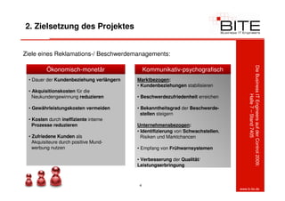 2. Zielsetzung des Projektes


Ziele eines Reklamations-/ Beschwerdemanagements:




                                                                                       Die Business IT Engineers auf der Control 2009:
         Ökonomisch-monetär                    Kommunikativ-psychografisch
 • Dauer der Kundenbeziehung verlängern   Marktbezogen:
                                          • Kundenbeziehungen stabilisieren
 • Akquisitionskosten für die




                                                                                                    Halle 7 – Stand 7405
   Neukundengewinnung reduzieren          • Beschwerdezufriedenheit erreichen

 • Gewährleistungskosten vermeiden        • Bekanntheitsgrad der Beschwerde-
                                            stellen steigern
 • Kosten durch ineffiziente interne
   Prozesse reduzieren                    Unternehmensbezogen:
                                          • Identifizierung von Schwachstellen,
 • Zufriedene Kunden als                    Risiken und Marktchancen
   Akquisiteure durch positive Mund-
   werbung nutzen                         • Empfang von Frühwarnsystemen

                                          • Verbesserung der Qualität/
                                          Leistungserbringung



                                           4
                                                                                  www.b-ite.de
 