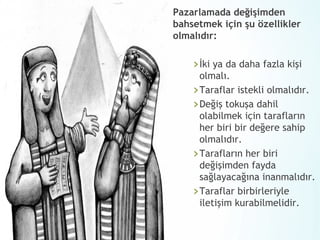 Pazarlamada değişimden
bahsetmek için şu özellikler
olmalıdır:

› İki ya da daha fazla kişi

olmalı.
› Taraflar istekli olmalıdır.
› Değiş tokuşa dahil
olabilmek için tarafların
her biri bir değere sahip
olmalıdır.
› Tarafların her biri
değişimden fayda
sağlayacağına inanmalıdır.
› Taraflar birbirleriyle
iletişim kurabilmelidir.

 