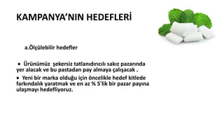 KAMPANYA’NIN HEDEFLERİ
a.Ölçülebilir hedefler
 Ürünümüz şekersiz tatlanıdırıcılı sakız pazarında
yer alacak ve bu pastadan pay almaya çalışacak .
 Yeni bir marka olduğu için öncelikle hedef kitlede
farkındalık yaratmak ve en az % 5'lik bir pazar payına
ulaşmayı hedefliyoruz.
 