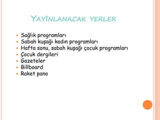 YAYINLANACAK YERLER
 Sağlık programları
 Sabah kuşağı kadın programları
 Hafta sonu, sabah kuşağı çocuk programları
 Çocuk dergileri
 Gazeteler
 Billboard
 Raket pano
 