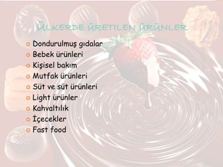 ÜLKERDE ÜRETILEN ÜRÜNLER
 Dondurulmuş gıdalar
 Bebek ürünleri
 Kişisel bakım
 Mutfak ürünleri
 Süt ve süt ürünleri
 Light ürünler
 Kahvaltılık
 İçecekler
 Fast food
 