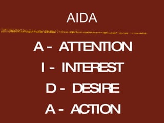 A - ATTENTION I - INTEREST D - DESIRE A - ACTION AIDA 