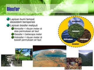 1
Biosfer
Lapisan bumi tempat
ekosistem beroperasi
Lapisan biosfer meliputi
Atmosfer < ribuan meter di
atas permukaan air laut
Geosfer < beberapa meter
Hidrosfer < ribuan meter di
bawah permukaan air laut
 