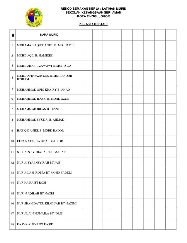 Rekod Penyemakan Buku Latihan/Kerja Murid  Borang Semakan Buku Kerja