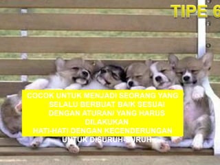 COCOK UNTUK MENJADI SEORANG YANG
SELALU BERBUAT BAIK SESUAI
DENGAN ATURAN/ YANG HARUS
DILAKUKAN
HATI-HATI DENGAN KECENDERUNGAN
UNTUK DISURUH-SURUH
 