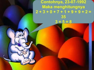 Contohnya, 23-07-1992
Maka menghitungnya
2 + 3 + 0 + 7 + 1 + 9 + 9 + 2 =
35
3 + 5 = 8
 