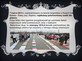 7 marca 2013 r. zaprezentowano na terenie targowiska w Kozach koło 
Bielska - Białej (woj. Śląskie), najdłuższy patchworkowy szalik dla 
platana. 
Przez blisko dwa tygodnie przygotowywali go uczniowie dwóch 
miejscowych szkół podstawowych wraz z rodzicami. 
Rekordowo długi, bo mierzący 1614,4 mszalik patchworkowy dla 
koziańskiego platana był zszywany z różnego rodzaju kolorowych 
materiałów o szerokości 40 cm. Efekt był imponujący. 
 