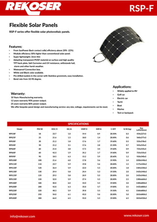 SPECIFICATIONS
Model PM/W VOC/V ISC/A VMP/V IMP/A C-EFF N/W (kg)
Size
LxMxH(mm)
RPS18F 18 23.7 1.0 19.4 0.9 20.50% 0.3 434x227x3
RPS25F 25 21.6 1.5 18.0 1.4 20.00% 0.6 560x277x3
RPS30F 30 21.2 1.8 17.6 1.7 19.60% 0.5 535x378x3
RPS50F 50 21.2 3.1 17.6 2.8 21.50% 0.7 545x535x3
RPS60F 60 21.0 3.8 17.5 3.4 19.60% 0.9 725x535x3
RPS60F 60 42.3 1.9 35.2 1.7 19.60% 0.9 725x535x3
RPS90F 90 18.5 6.3 15.2 5.9 20.60% 1.2 920x540x3
RPS100F 100 21.6 6.0 17.8 5.6 19.90% 1.4 1050x540x3
RPS110F 110 23.7 5.9 19.8 5.6 20.00% 1.5 1175x540x3
RPS120F 120 26.4 5.9 22.0 5.5 20.00% 1.8 1305x540x3
RPS130F 130 29.4 5.8 24.4 5.3 19.50% 2.0 1435x540x3
RPS135F 135 29.5 5.8 24.9 5.5 20.00% 2.0 1435x540x3
RPS150F 150 32.0 5.9 27.4 5.5 20.00% 2.5 1300x660x3
RPS180F 180 40.0 6.0 33.0 5.5 19.00% 3.0 1300x800x3
RPS200F 200 42.0 6.3 35.0 5.7 19.00% 3.5 1435x800x3
RPS220F 220 48.3 5.9 39.8 5.5 19.50% 4.5 1560x800x3
RPS250F 250 54.0 6.1 45.0 5.6 20.00% 5.0 1810x800x3
RPS300F 300 66.0 6.5 55.0 5.5 19.00% 6.5 1810x920x3
Flexible Solar Panels
RSP-F series offer flexible solar photovoltaic panels.
www.rekoser.cominfo@rekoser.com
RSP-F
Features:
● From SunPower Back contact cells( efficiency above 20% -22%).
● Module efficiency 30% higher than conventional solar panel.
● Super lightweight: 3mm thin
● Adopting transparent PVDF material on surface and high quality
TPT back plate, Salt Corrosion and UV resistance, withstands hail,
storm and other harsh weather.
● Waterproof Connection box.
● White and Black color available.
● Pre drilled eyelets in the corner with Stainless grommets, easy installation.
● Bend rate from 10-90 degree.
Warranty:
10 Years Manufacturing warranty.
12 years warranty 90% power output.
25 years warranty 80% power output.
We offer bespoke panel design and manufacturing service: any size, voltage, requirements can be meet.
Applications:
● Widely applied to RV
● Golf car
● Electric car
● Yacht
● Boat
● Marine
● Tent or backpack
 