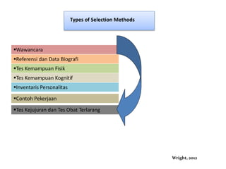 Wawancara
Referensi dan Data Biografi
Tes Kemampuan Fisik
Tes Kemampuan Kognitif
Inventaris Personalitas
Contoh Pekerjaan
Tes Kejujuran dan Tes Obat Terlarang
Wright, 2012
Types of Selection Methods
 