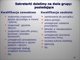 Sekretarki dzielimy na dwie grupy:  posiadające Kwalifikacje zawodowe znakomita znajomość  języka ojczystego w mowie i piśmie; znajomość  języków obcych; znajomość specyfiki pracy; biurowej i procedur biurowych; umiejętność prowadzenia korespondencji w języku polskim i obcym; umiejętność obsługi urządzeń biurowych; itp.  Kwalifikacje osobiste zamiłowanie do porządku; dobra pamięć; umiejętność ustalania priorytetów; łatwość w nawiązywaniu kontaktów; umiejętność tworzenia wizerunku firmy; wysoką kulturę osobistą; aparycję itp. 
